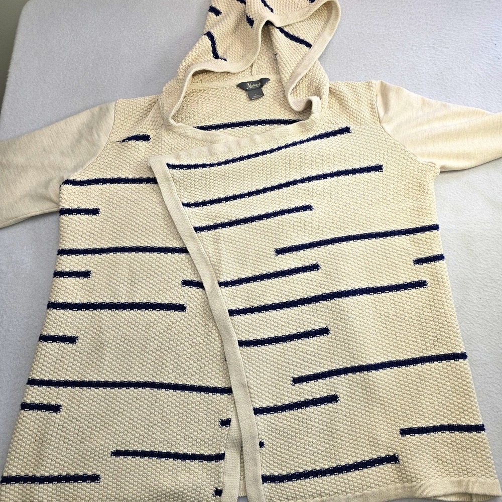 Natural Reflections Hooded Cardigan L Cream Blue Stripe Open Front Knit Boho....